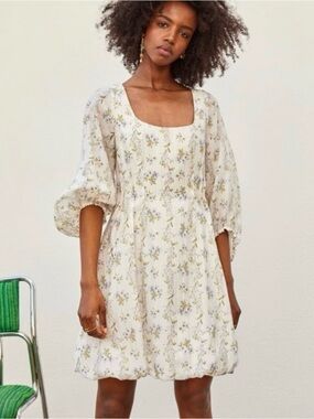 Brock Collection x H&M White Floral Square-Neck Babydoll Mini Dress